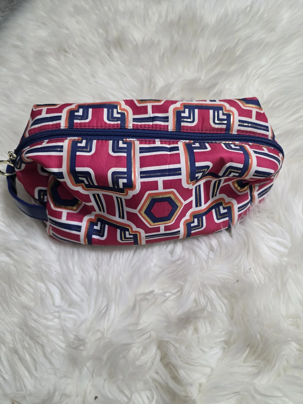 Geometric Print Pink Travel Pouch with Navy Trim